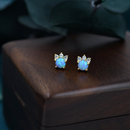 Tiny Blue Opal with CZ Stud Earrings in Sterling Silver, Silver or Gold, Vintage Inspired Design, Opal Crown Earrings Crown Stud