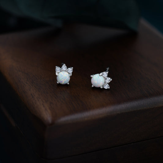 Tiny White Opal with CZ Stud Earrings in Sterling Silver, Silver or Gold, Vintage Inspired Design, Opal Crown Earrings Crown Stud