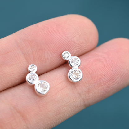 Extra Tiny CZ Trio Screw Back Earrings in Sterling Silver, Silver or Gold, Geometric Tiny Three CZ Bezel Barbell Earrings, Stacking Earrings