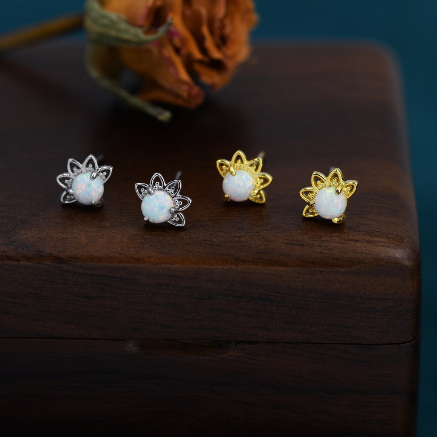Sterling Silver White Opal Crown Stud Earrings, Prong Set, Opal Earrings, Lab Opal Lotus Earrings, Minimalist