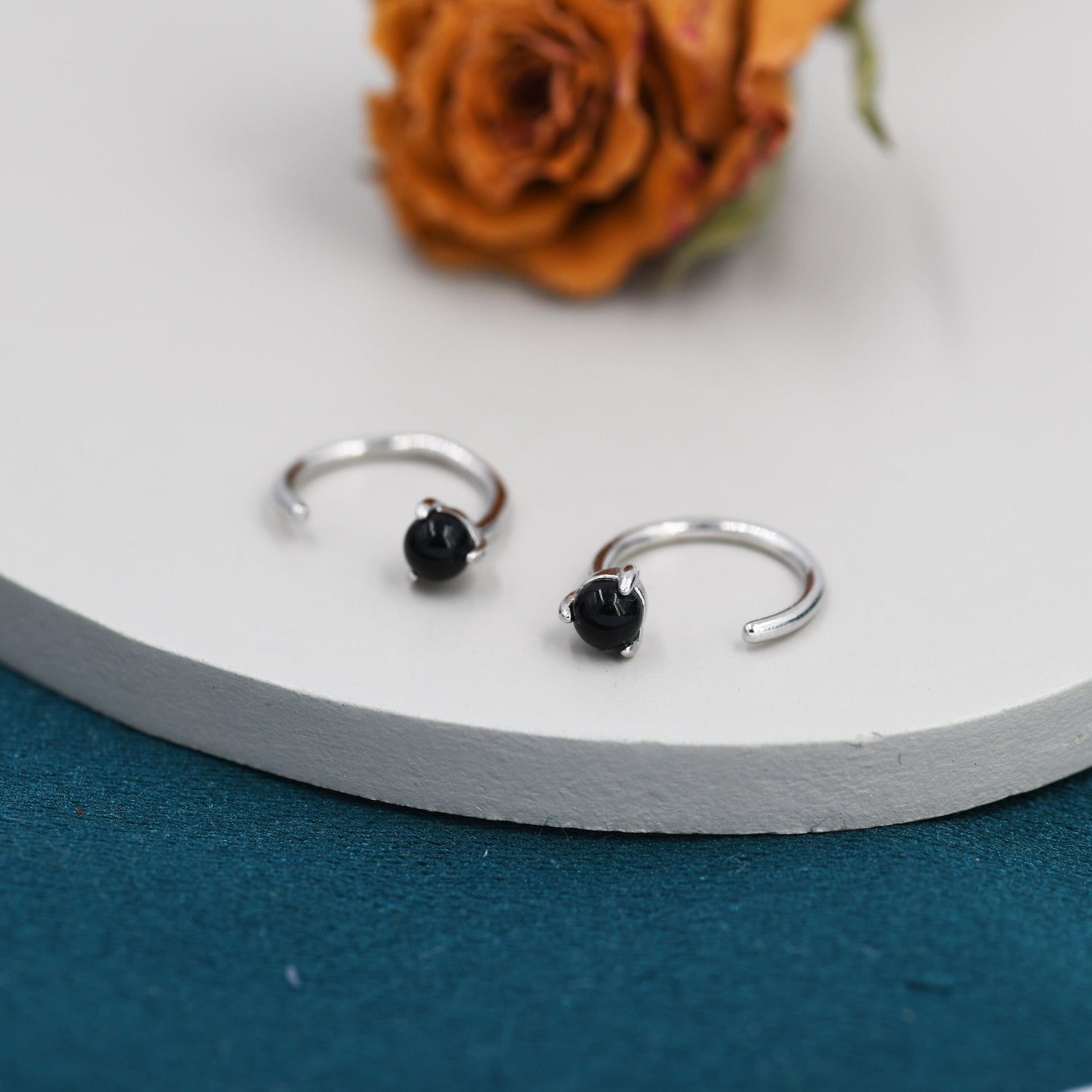 Genuine Black Onyx Huggie Hoop Earrings in Sterling Silver, 3mm Natural Black Onyx Open Hoops, Pull Through Threaders, Half Hoops, C Shape