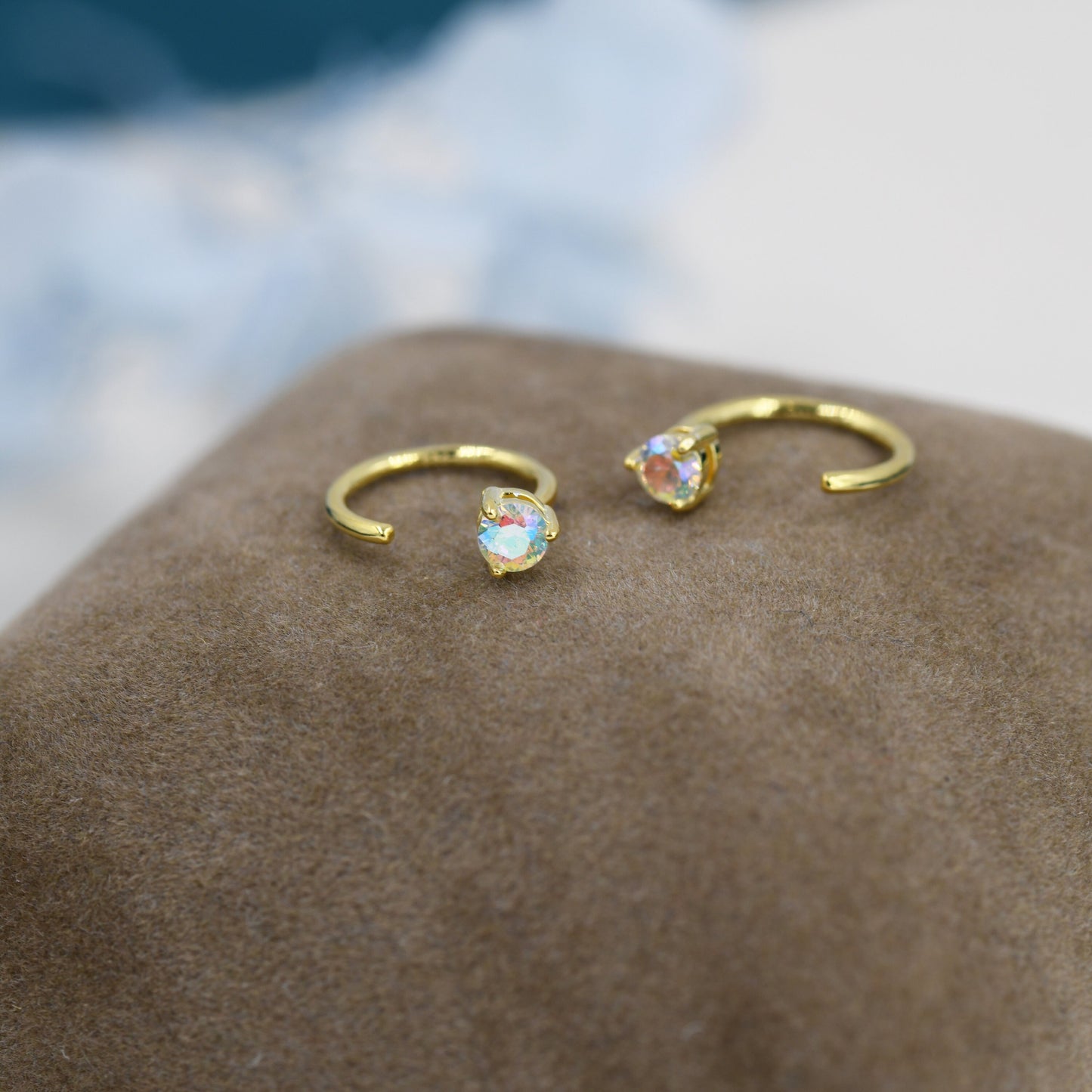 Aurora AB Crystal Tiny CZ Threader Hoop Earrings in Sterling Silver, Silver or Gold, Colour Changing Crystals, Open Hoop Earrings, Huggies
