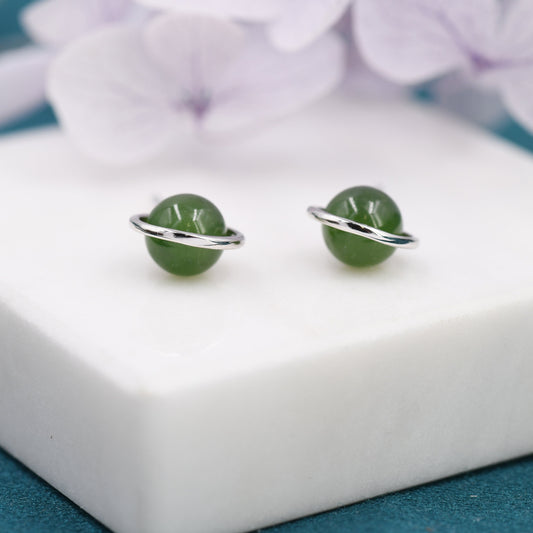 Genuine Jade Crystal Planet Stud Earrings in Sterling Silver, Green Jade Planet Halo Earrings, Jade Saturn Earrings