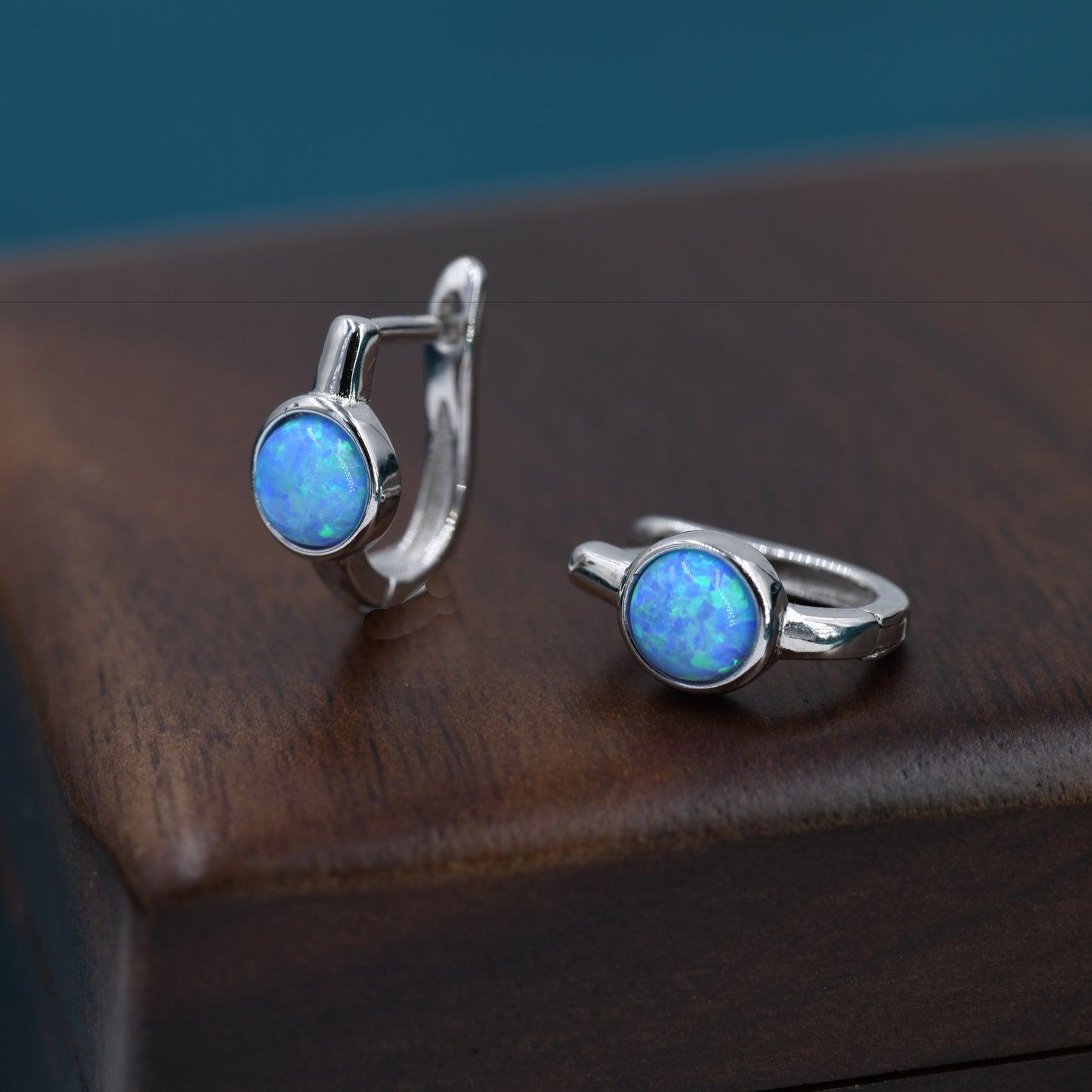 Blue Opal Huggie Hoop Earrings in Sterling Silver, Silver or Gold, 5mm Opal Lever Hoops, Opal Hoops, Simulated Opal Hoops, Fire Opal Hoops
