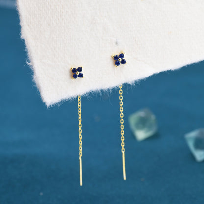 Sapphire Blue Hydrangea Flower CZ Threader Earrings in Sterling Silver, Silver or Gold, Four Dot Crystal Ear Threaders, Flower CZ Earrings
