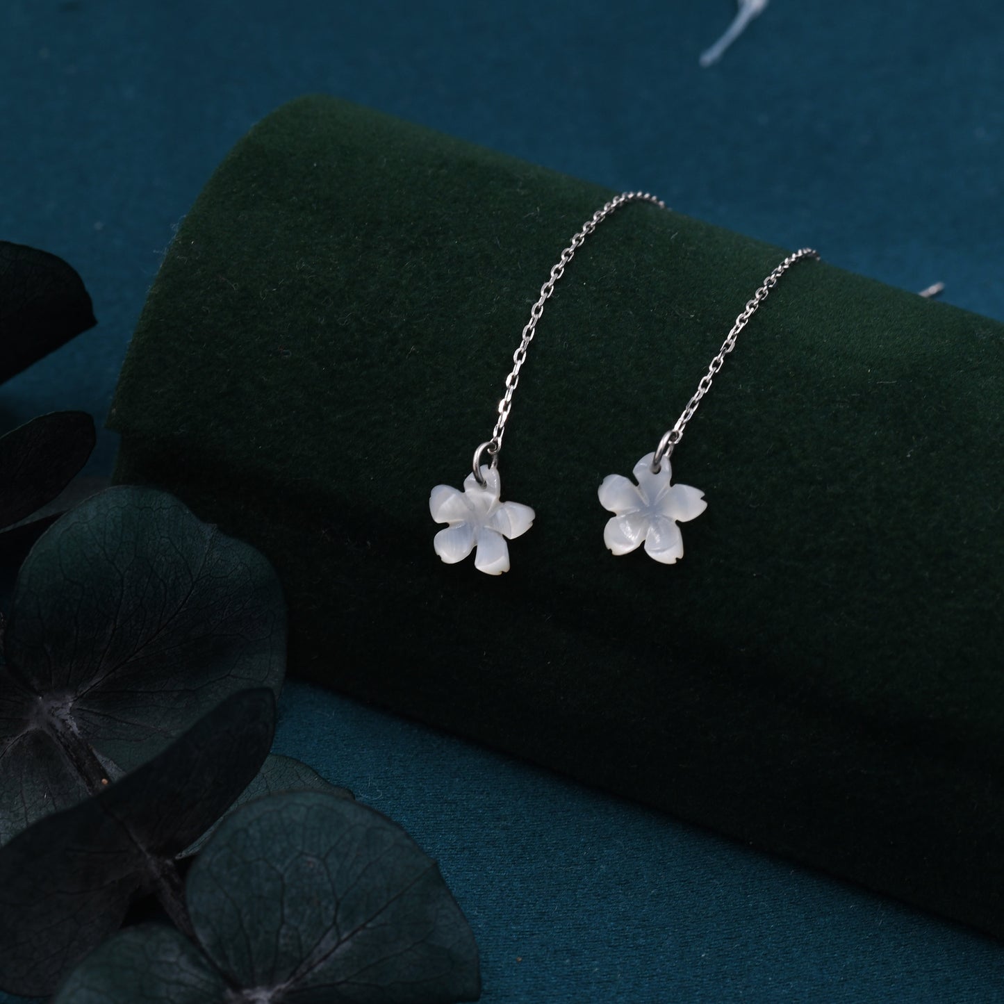Hand Carved Mother of Pearl Cherry Blossom Threader Earrings in Sterling Silver, Apple Blossom Flower Ear Threaders - Dainty and Pretty