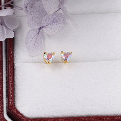 Aurora Borealis Heart Stud Earrings in Sterling Silver, Available in Three Sizes, AB CZ Heart Earrings, Aurora Colour Changing Heart Earring