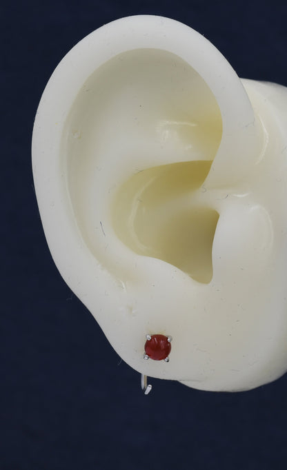 Genuine Red Carnelian Huggie Hoop Earrings in Sterling Silver, 3mm Natural Red Onyx Open Hoops, Pull Through Threaders, Half Hoops, C Shape