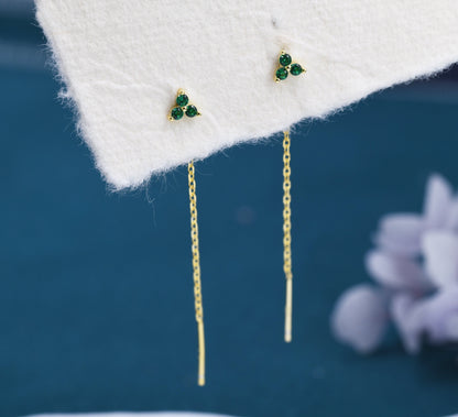 Emerald Green CZ Trio Flower Threader Earrings in Sterling Silver, Silver or Gold, Three Dot Crystal Ear Threaders, Flower CZ Earrings