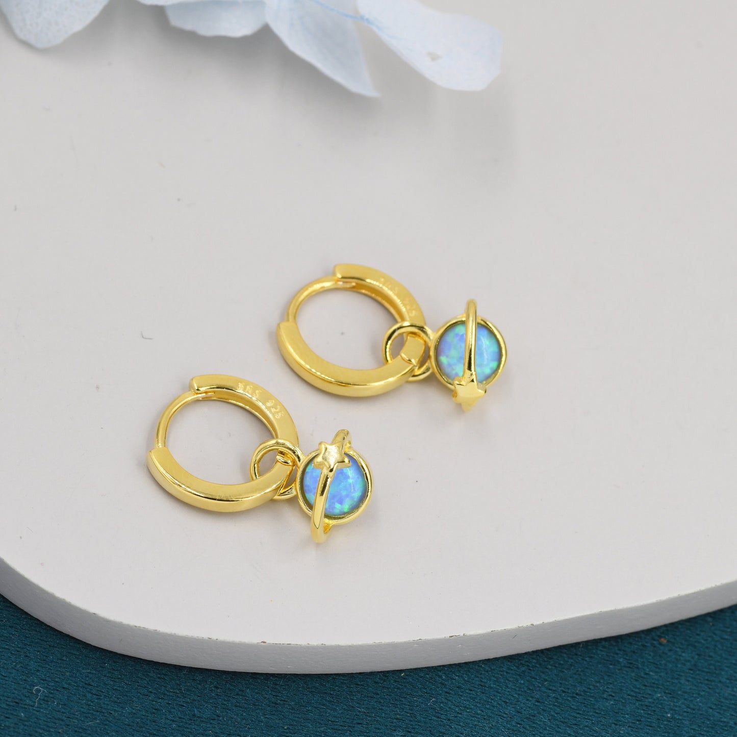 Blue Opal Planet and Star Huggie Hoop Earrings in Sterling Silver, Silver or Gold, Simulated Opal, Detachable Charms, Saturn Earrings