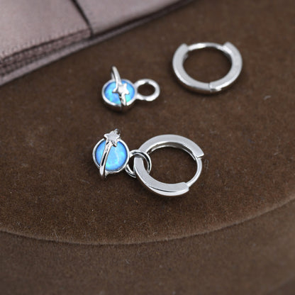 Blue Opal Planet and Star Huggie Hoop Earrings in Sterling Silver, Silver or Gold, Simulated Opal, Detachable Charms, Saturn Earrings