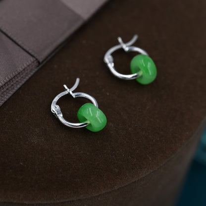 Sterling Silver Green Jade Donut Huggie Hoop Earrings, Detachable Green Jade Coin Charm Dangle Hoop Earrings, Silver or Gold