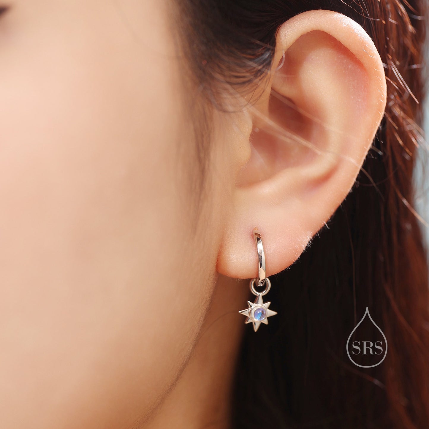 Moonstone Starburst Huggie Hoop Earrings in Sterling Silver, Simulated Moonstone North Star Detachable Drop Earrings, Delicate Star Earrings
