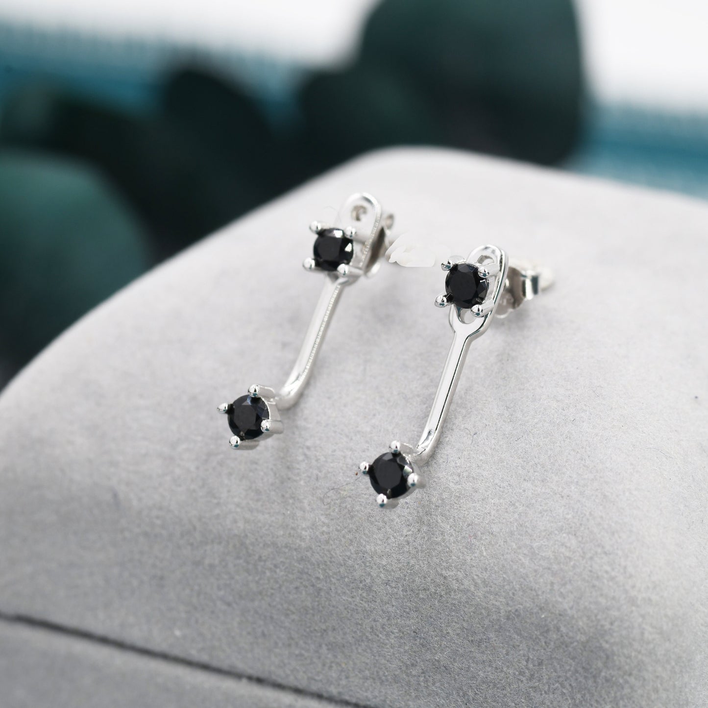 Double Black CZ Ear Jacket in Sterling Silver,  Silver or Gold, Front and Back Earrings, Two Part Earrings