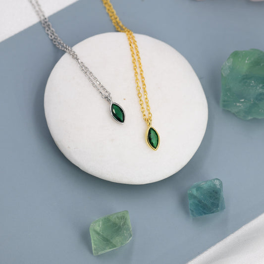 Extra Tiny Emerald Green Marquise CZ Necklace in Sterling Silver, Silver or Gold, Single Marquise Necklace, Diamond CZ, May Birthstone