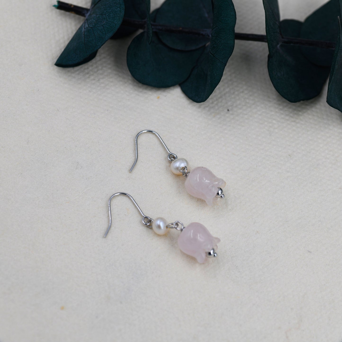 Carved Jade Lily of the valley Earrings in Sterling Silver with Natural Freshwater Pearls, Genuine Jade Flower Dangle Earrings,