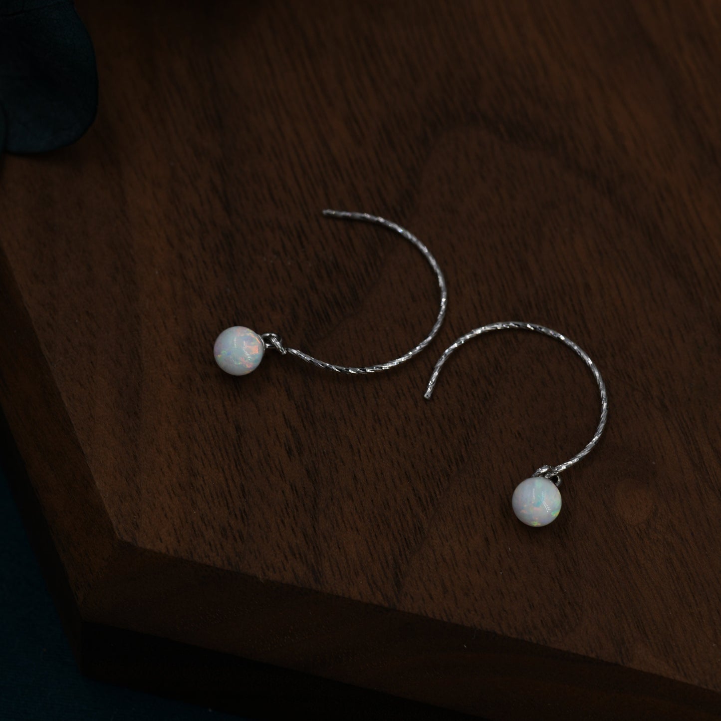 White Opal Bead Dangle Earrings in Sterling Silver, 15mm Hook Earrings, Round Hoop Lab Opal Beaded Earrings