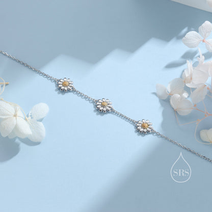 Daisy Flower Motif Bracelet in Sterling Silver, Daisy Bracelet, Daisy Flower Bracelet, Flower Bracelet