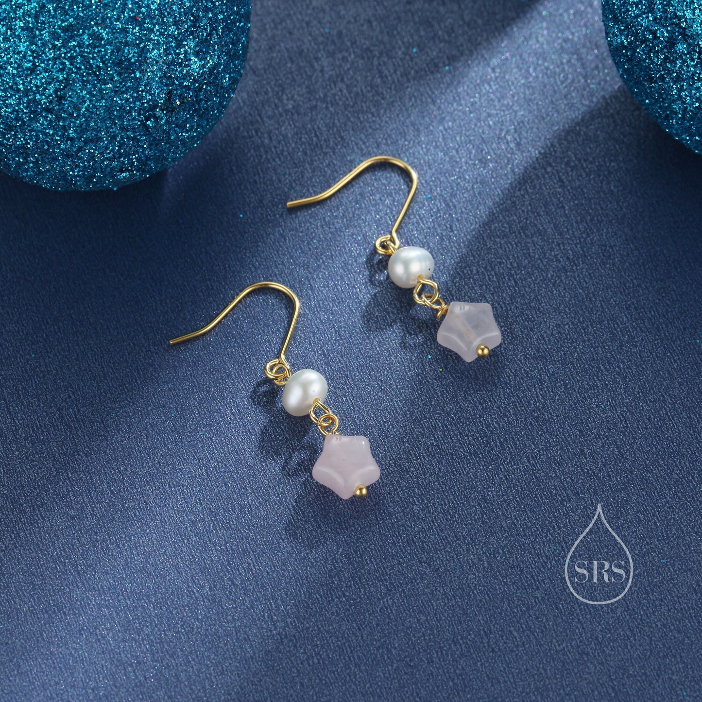 Genuine Rose Quartz Star and Pearl Drop Earrings in Sterling Silver, Natural Pink Quartz and Freshwater Pearl Drop Hook Earrings, Star