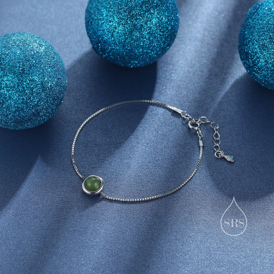 Natural Green Jade Planet Beaded Bracelet in Sterling Silver, Beaded Halo Bracelet, Space Bracelet