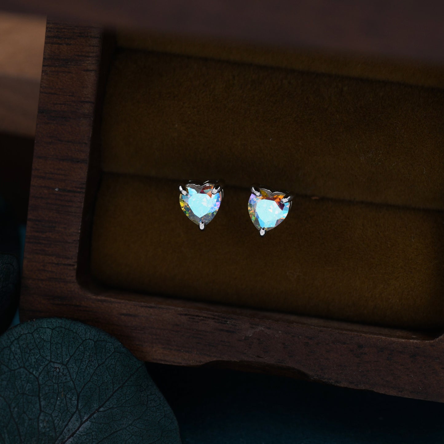 Aurora Borealis Heart Stud Earrings in Sterling Silver, Available in Three Sizes, AB CZ Heart Earrings, Aurora Colour Changing Heart Earring