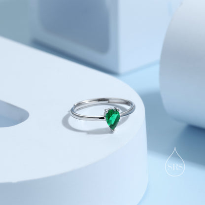 Created Green Emerald Droplet Ring in Sterling Silver,  4x6mm, Prong Set Pear Cut, Adjustable Size, Lab Emerald Ring, May Birthstone