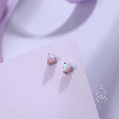 Extra Tiny Pink Opal Heart Stud Earrings in Sterling Silver - 3mm Fire Opal - Sustainable Lab Opal - Petite Stud Earrings