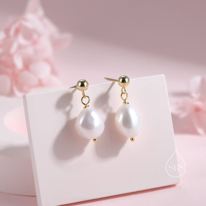 Genuine Fresh Water Pearls Drop Stud Earrings, Baroque Pearl, Sterling silver with 18ct Gold Plating, Simple and Minimalist