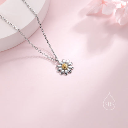 Sterling Silver Tiny Little Daisy Flower Pendant Necklace, Flower Necklace, Daisy Necklace, Two Tone Flower Pendant Necklace