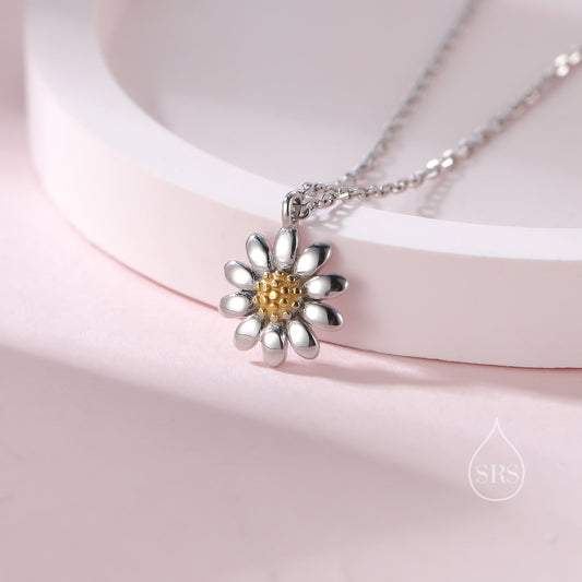 Sterling Silver Tiny Little Daisy Flower Pendant Necklace, Flower Necklace, Daisy Necklace, Two Tone Flower Pendant Necklace
