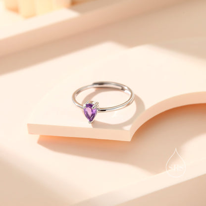 Natural Amethyst Droplet Ring in Sterling Silver,  4x6mm, Prong Set Pear Cut, Adjustable Size, Genuine Amethyst Ring, February Birthstone