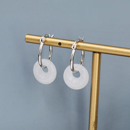 Sterling Silver Dangling White Jade Donut Hoop Earrings, Detachable Natural White Jade Coin Charm Dangle Hoop Earrings, Silver or Gold