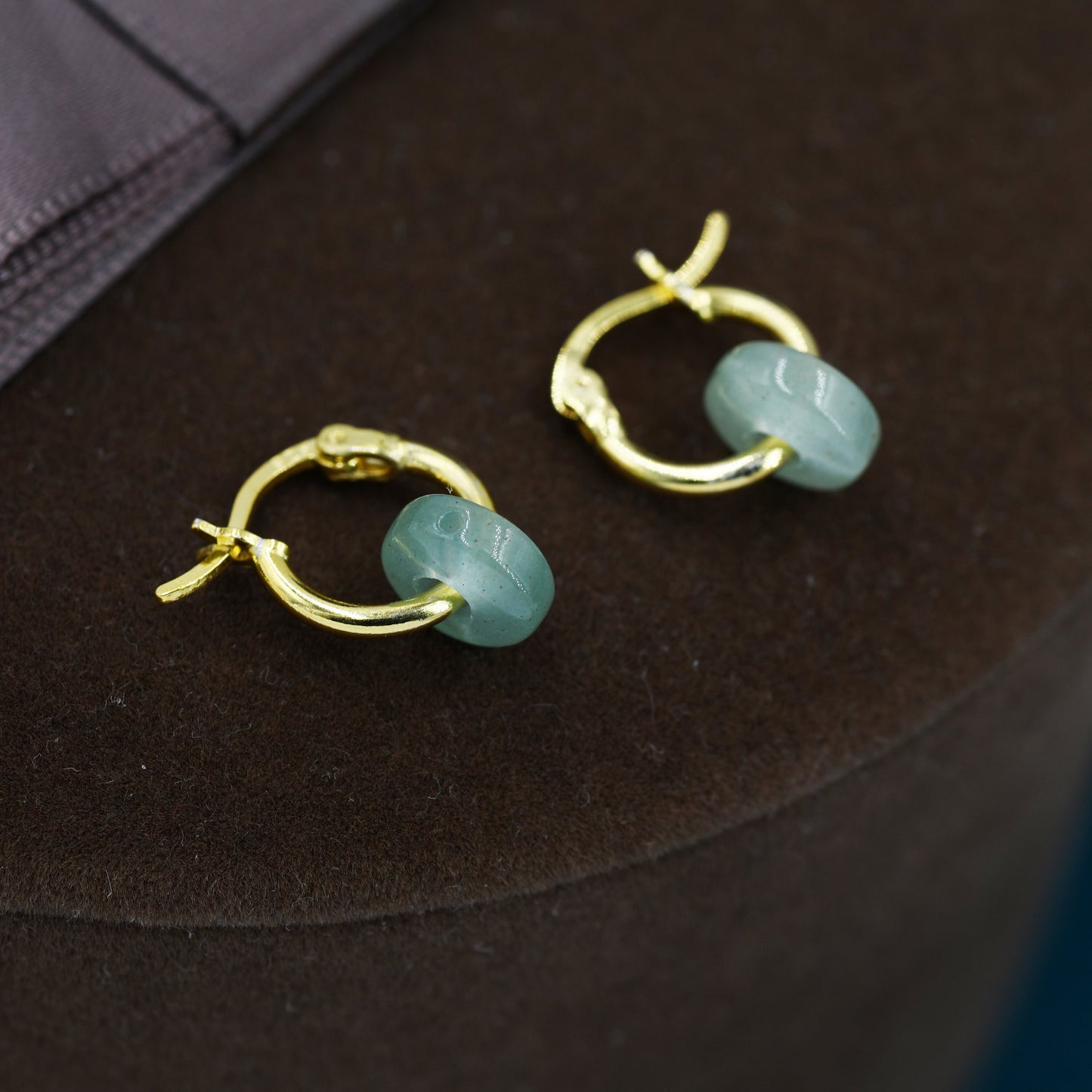 Sterling Silver Aventurine Jade Donut Huggie Hoop Earrings, Detachable Green Jade Coin Charm Dangle Hoop Earrings, Silver or Gold