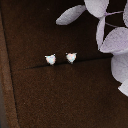 Extra Tiny White Opal Heart Stud Earrings in Sterling Silver - 3mm Fire Opal - Sustainable Lab Opal - Petite Stud Earrings