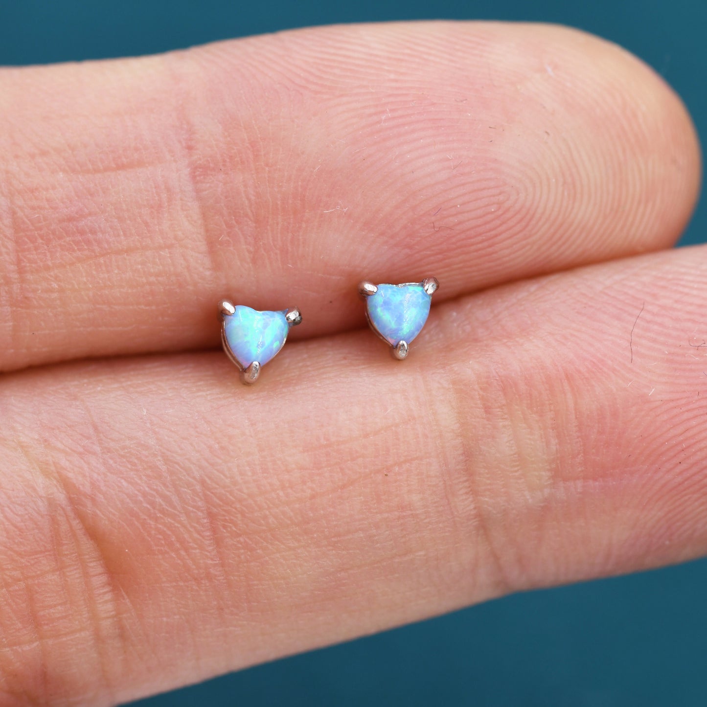 Extra Tiny Cosmic Blue Opal Heart Stud Earrings in Sterling Silver - 3mm Fire Opal - Sustainable Lab Opal - Petite Stud Earrings