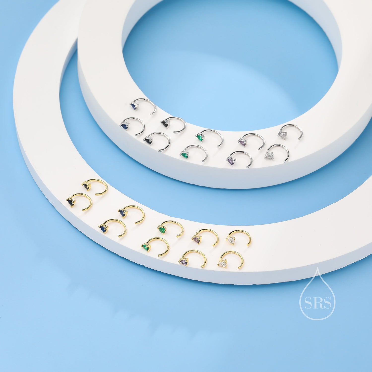 Extra Tiny CZ Droplet Huggie Hoop Earrings in Sterling Silver, Available in 5 Colours, Tiny Pear Cut CZ Open Hoops, Pull Through Threaders