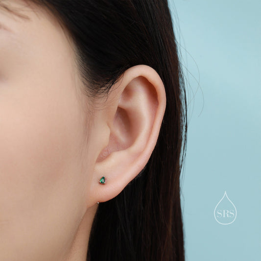 Extra Tiny CZ Droplet Huggie Hoop Earrings in Sterling Silver, Available in 5 Colours, Tiny Pear Cut CZ Open Hoops, Pull Through Threaders