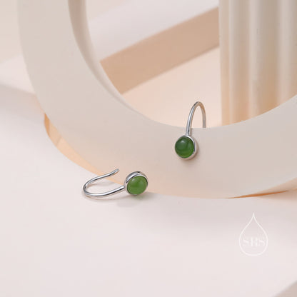 Genuine Jade Drop Earrings in Sterling Silver, Natural Jade Round Hook Earrings, Delicate Jade Earrings, Real Jade Earrings