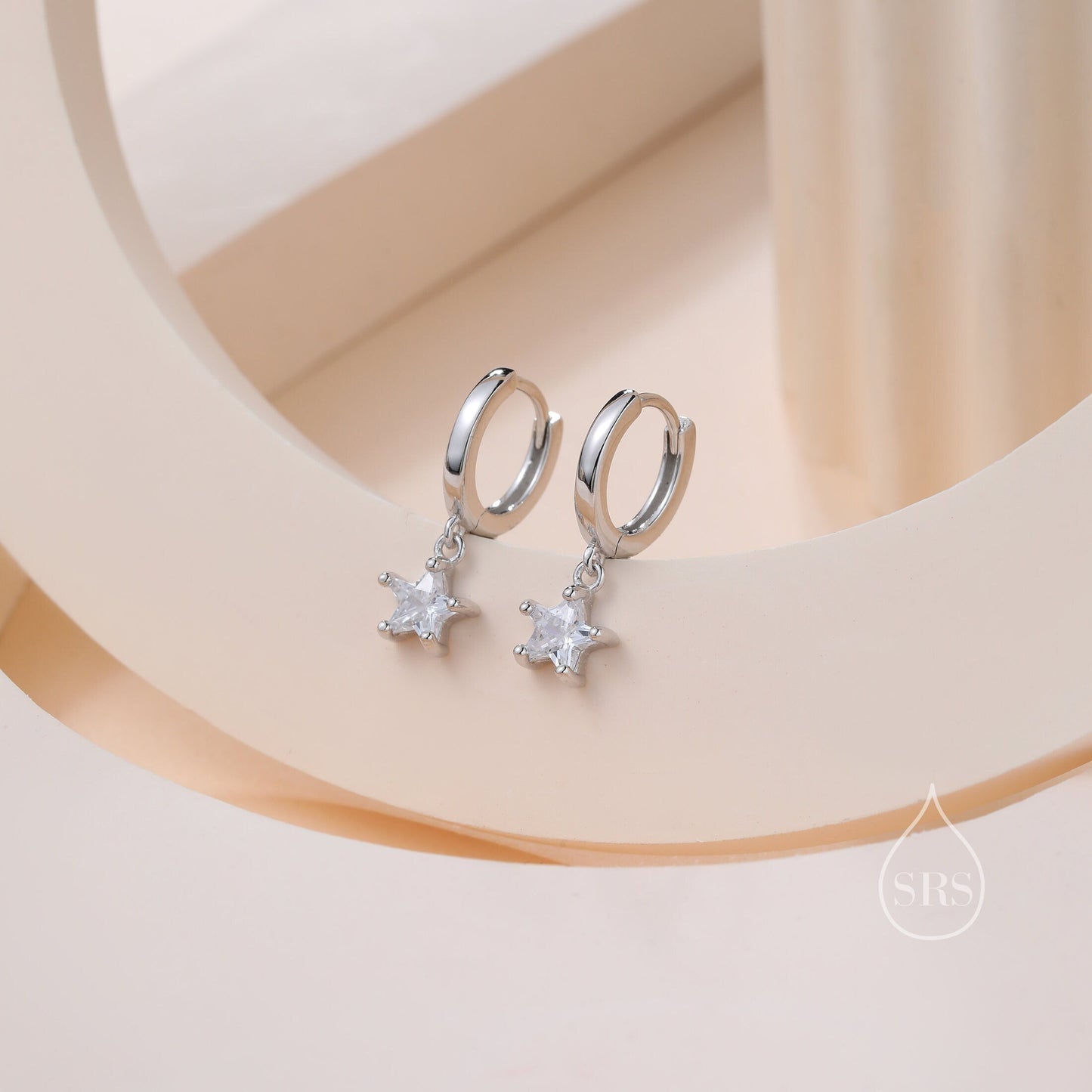 CZ Star Huggie Hoop Earrings in Sterling Silver, Silver or Gold, North Star Dangle Earrings, Sunburst Earrings, Celestial Jewellery
