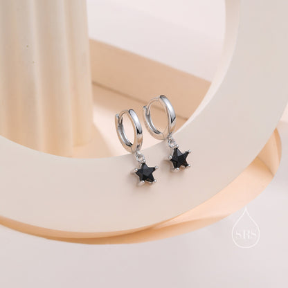 Black CZ Star Huggie Hoop Earrings in Sterling Silver, Silver or Gold, North Star Dangle Earrings, Sunburst Earrings, Celestial Jewellery