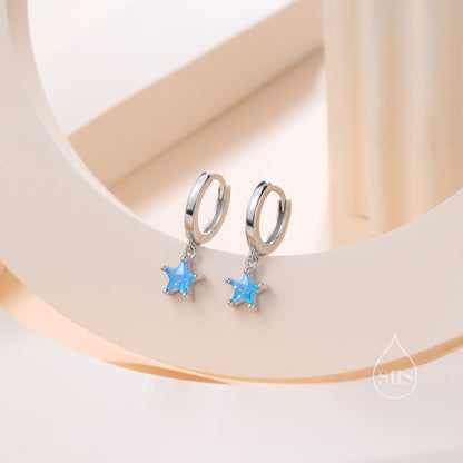 Blue CZ Star Huggie Hoop Earrings in Sterling Silver, Aquamarine Blue Star Hoops, North Star Dangle Earrings, Celestial Jewellery