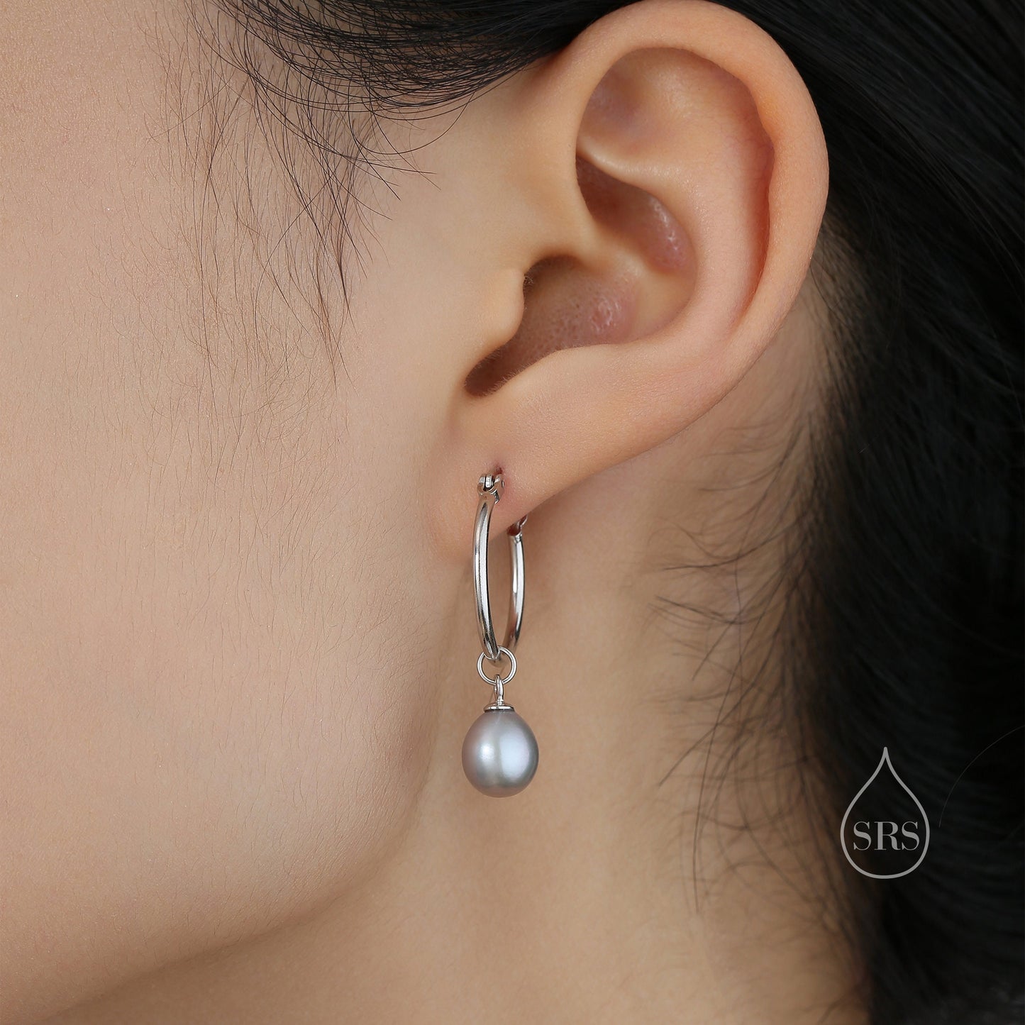 Natural Freshwater Pearl Huggie Hoop Earrings in Sterling Silver,  Available in Three Colours, Grey Pearl Earrings, Black Pearl Earrings
