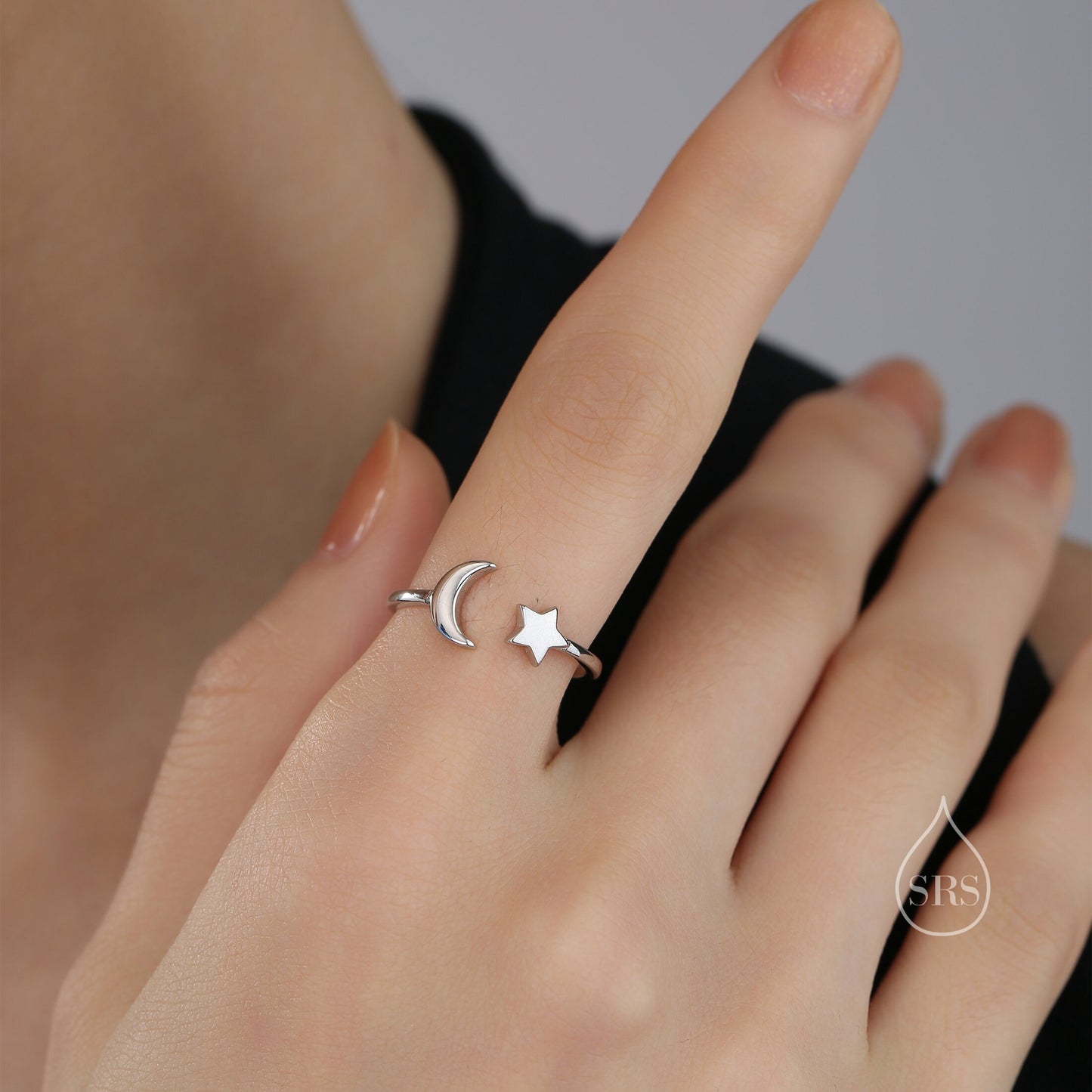 Sterling Silver Moon and Star Open Ring, Adjustable Size, Celestial Jewellery, Dainty and Delicate