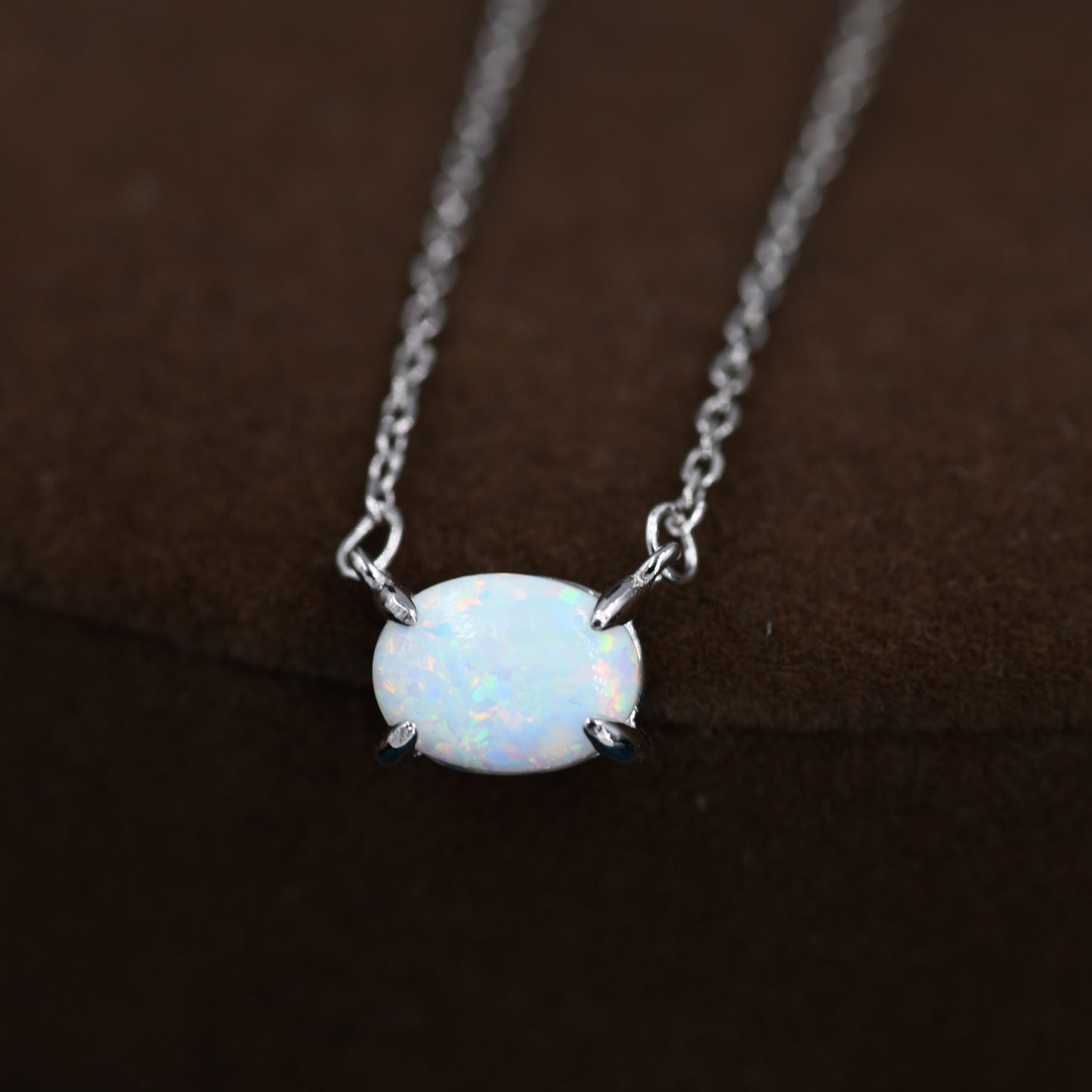 White Opal Oval Necklace in Sterling Silver, Dainty Lab Oval Cabochon Necklace, October Birthstone
