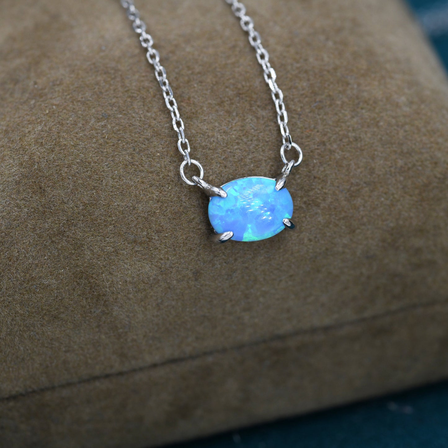 Blue Opal Oval Necklace in Sterling Silver, Dainty Lab Oval Cabochon Necklace, October Birthstone