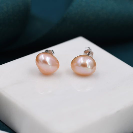 Sterling Silver Genuine Pink Baroque Pearl Stud Earrings,  8mm, Natural Pearl Earrings, Irregular Shape Keshi Pearl Earrings