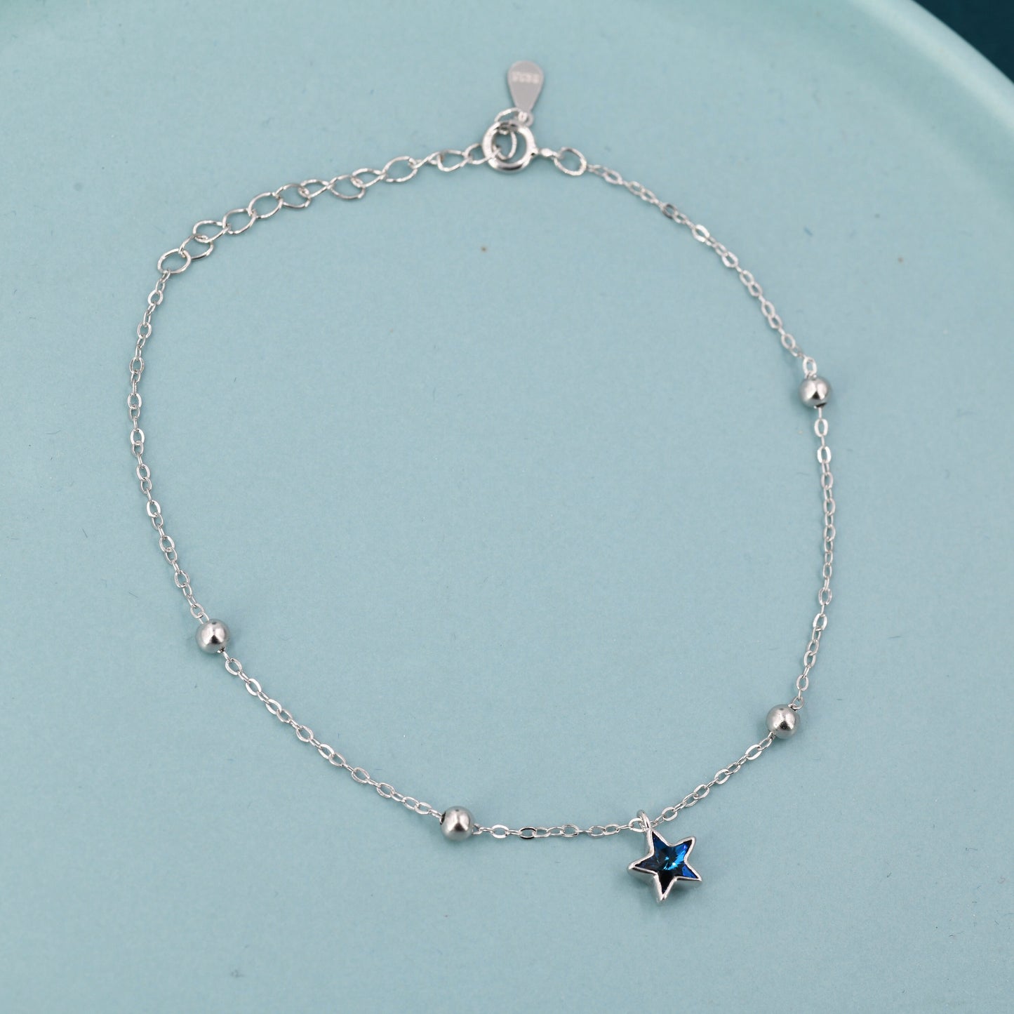 Blue CZ Star Charm Bracelet in Sterling Silver, North Star Dangle Bracelet, Sunburst Bracelet, Star Bracelet