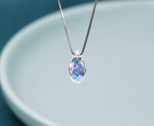 Faceted AB Crystal Droplet Pendant Necklace in Sterling Silver,  Colour Changing Aurora Crystal Necklace, Aurora Crystal, AB Crystal