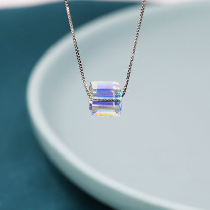 Prism Cube AB Crystal Pendant Necklace in Sterling Silver,  Colour Changing Aurora Crystal Necklace, Aurora Crystal, AB Crystal