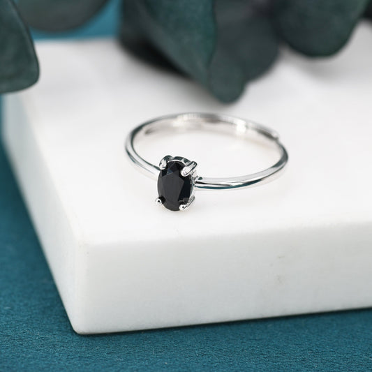 Natural Black Onyx Oval Ring in Sterling Silver,  4x6mm, Prong Set Oval Cut, Adjustable Size, Genuine Black Onyx Ring